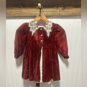 Vintage You Babe Red Velvet Toddler Dress Lace Detail 4T see photos for flaws